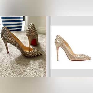 Christian Louboutin Spike Follies Pigalle gold pointy toe high heel studded pump